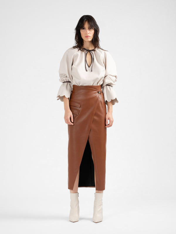 ZIED brown vegan leather wrap skirt